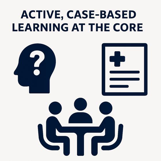 Active, case-based learning at the core and blue icons of a head, people sitting at a table and a piece of paper with a medical cross