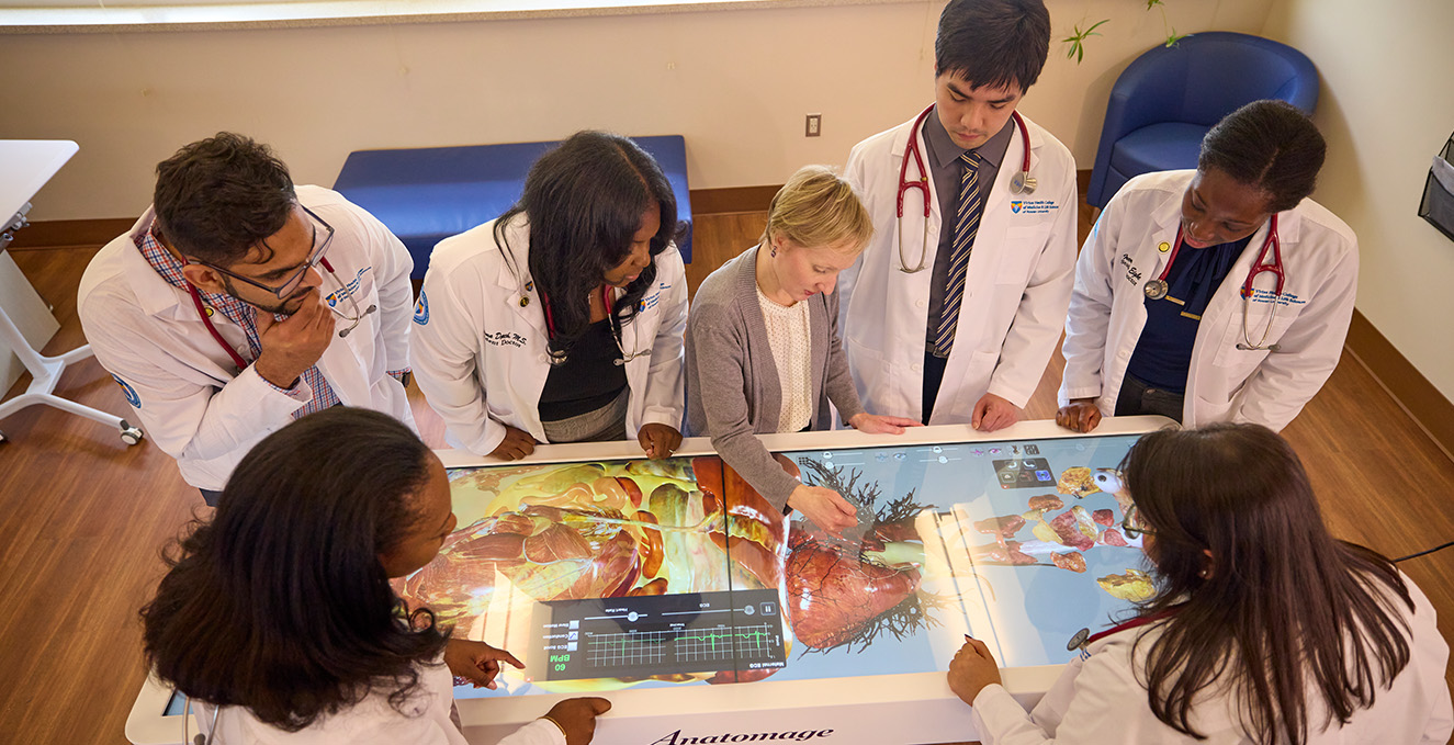 a group of SOM students and a faculty member look at an image on an anatomage table