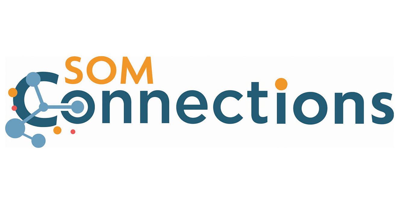 The words SOM Connections in school colors of red, blue, and yellow with chemical element graphics.