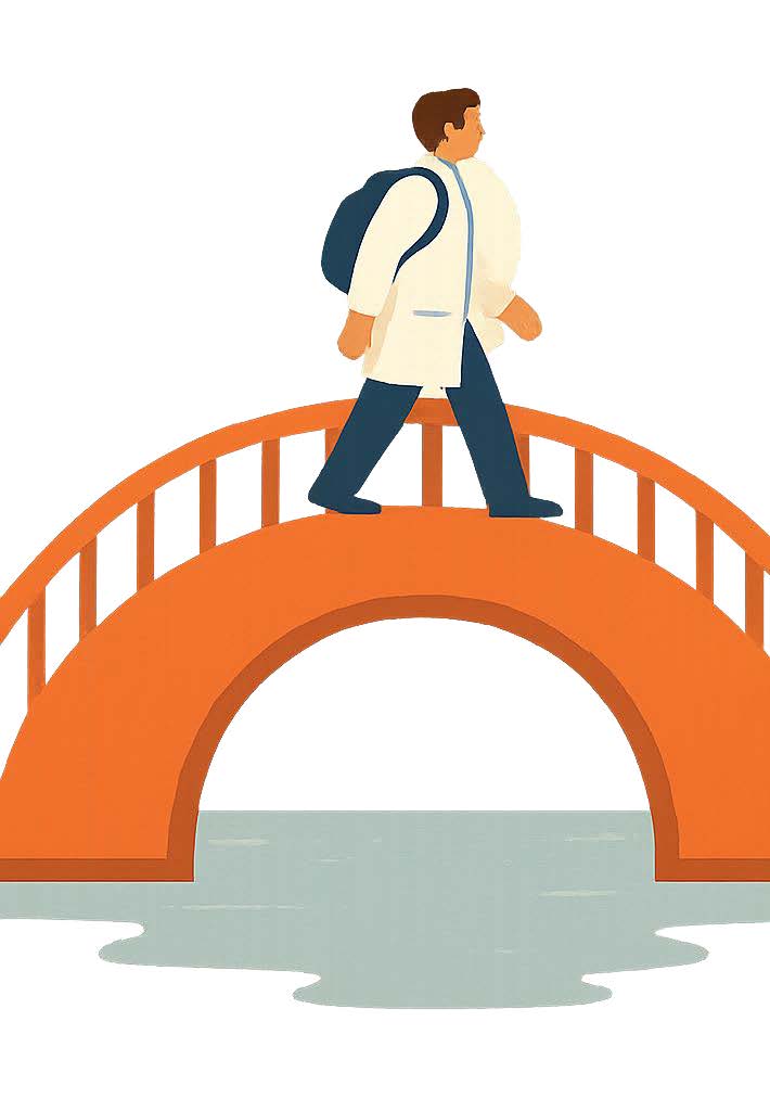 an illustration of a doctor wiht a backpack walking over a bridge