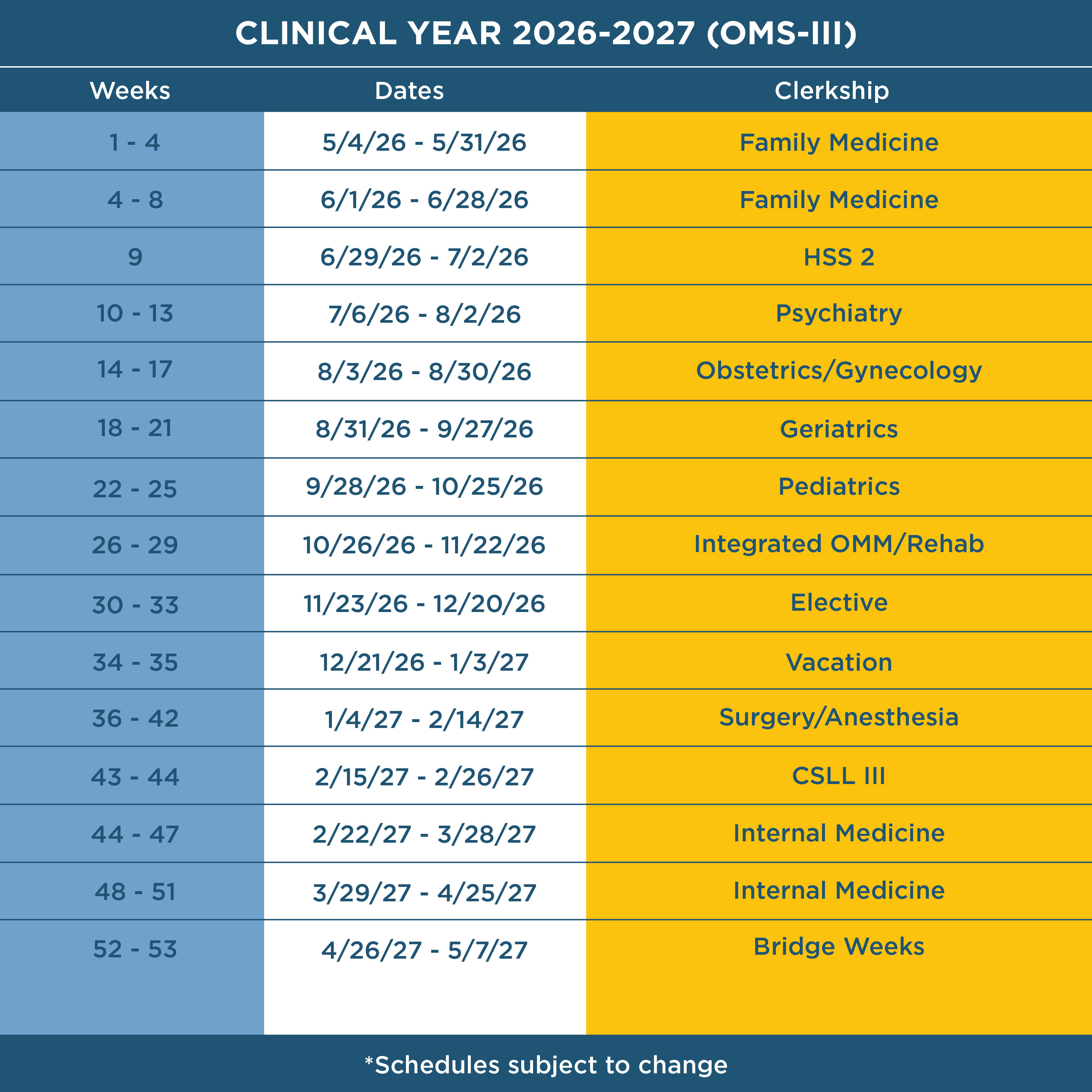 schedule for year 3 of clerkship, download available, schedule is subject to change