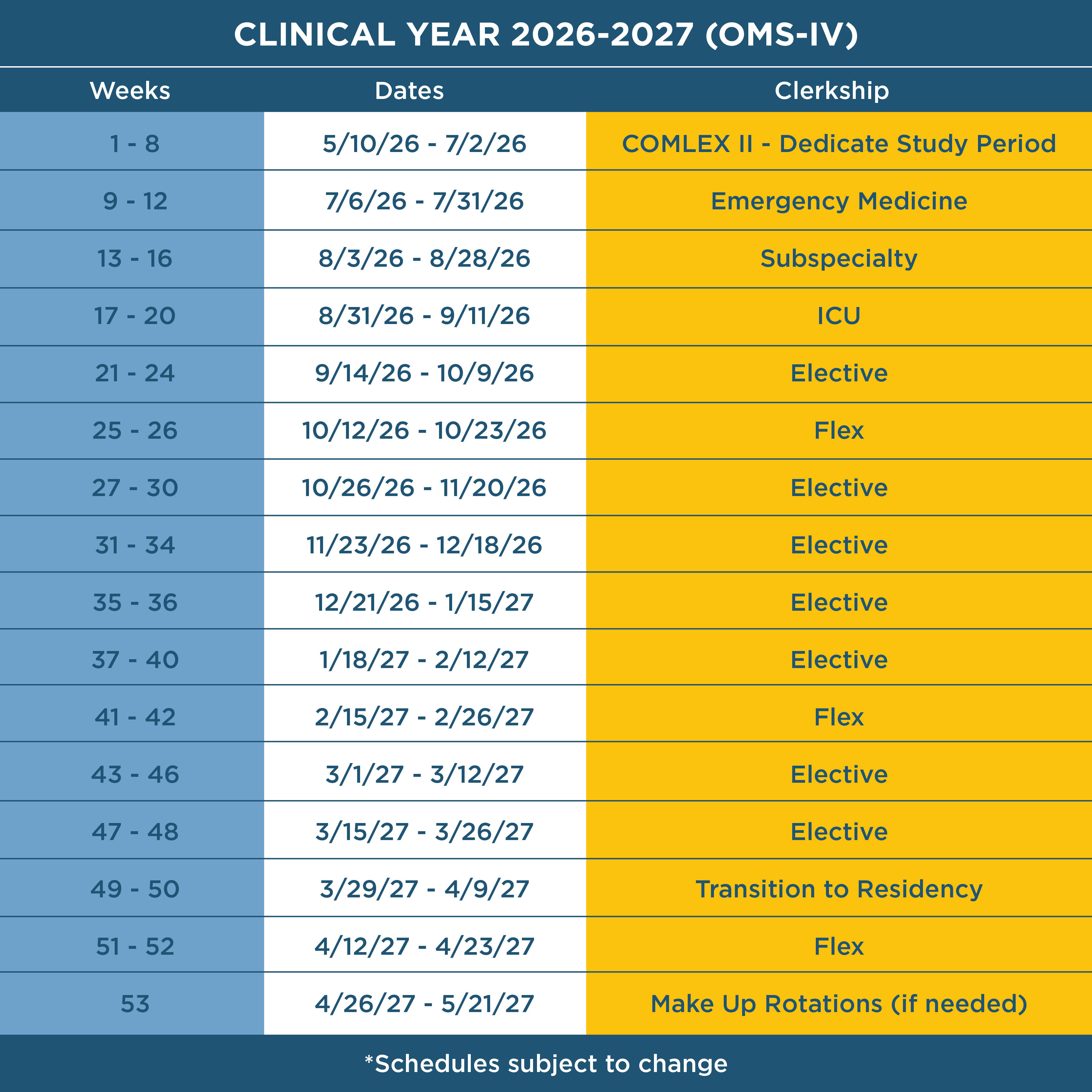 sample schedule for year 4 of clerkship, download available, schedule subject to change