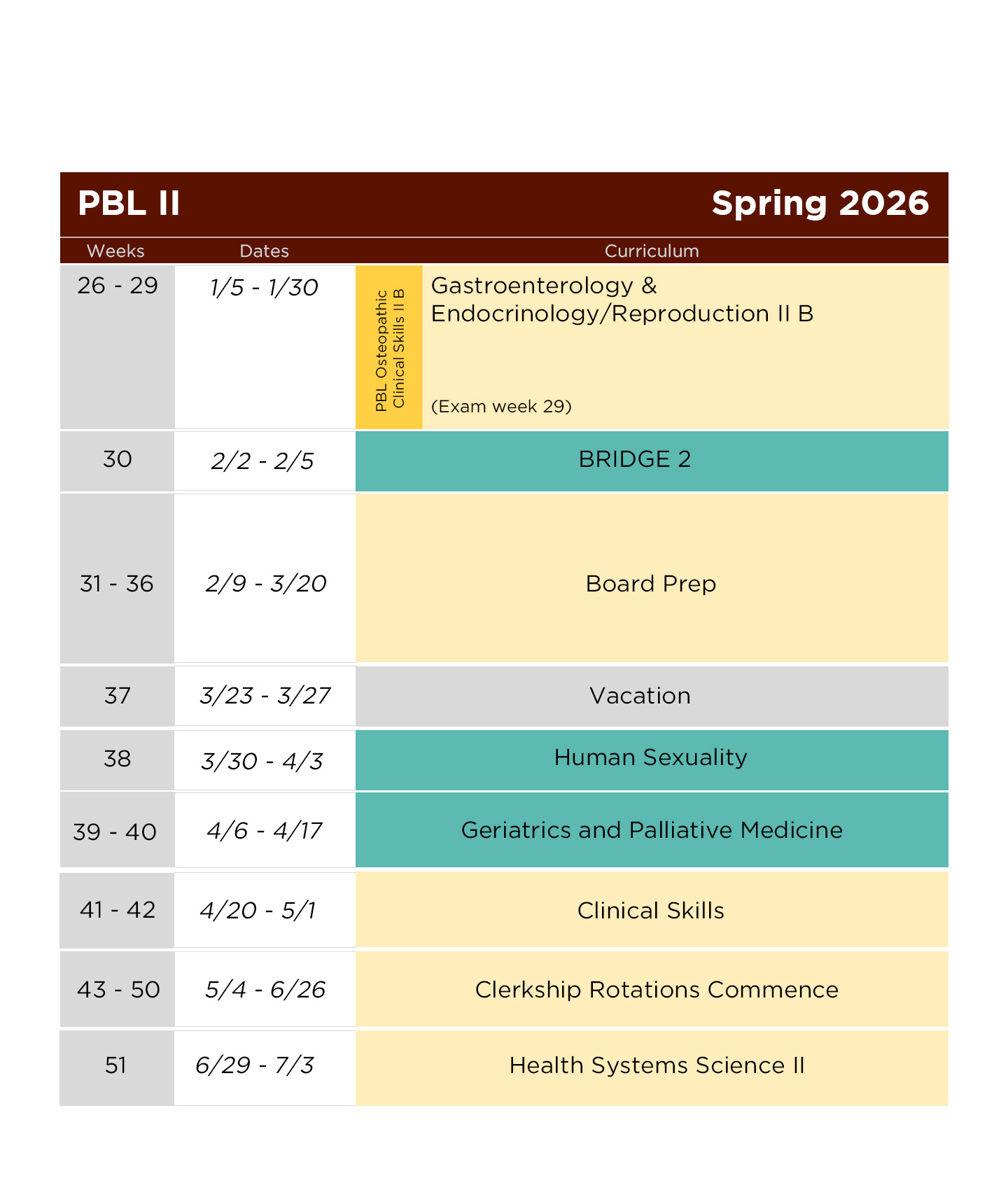 A sample of the schedule for PBL Year Two Spring 2026 - chart is available for download