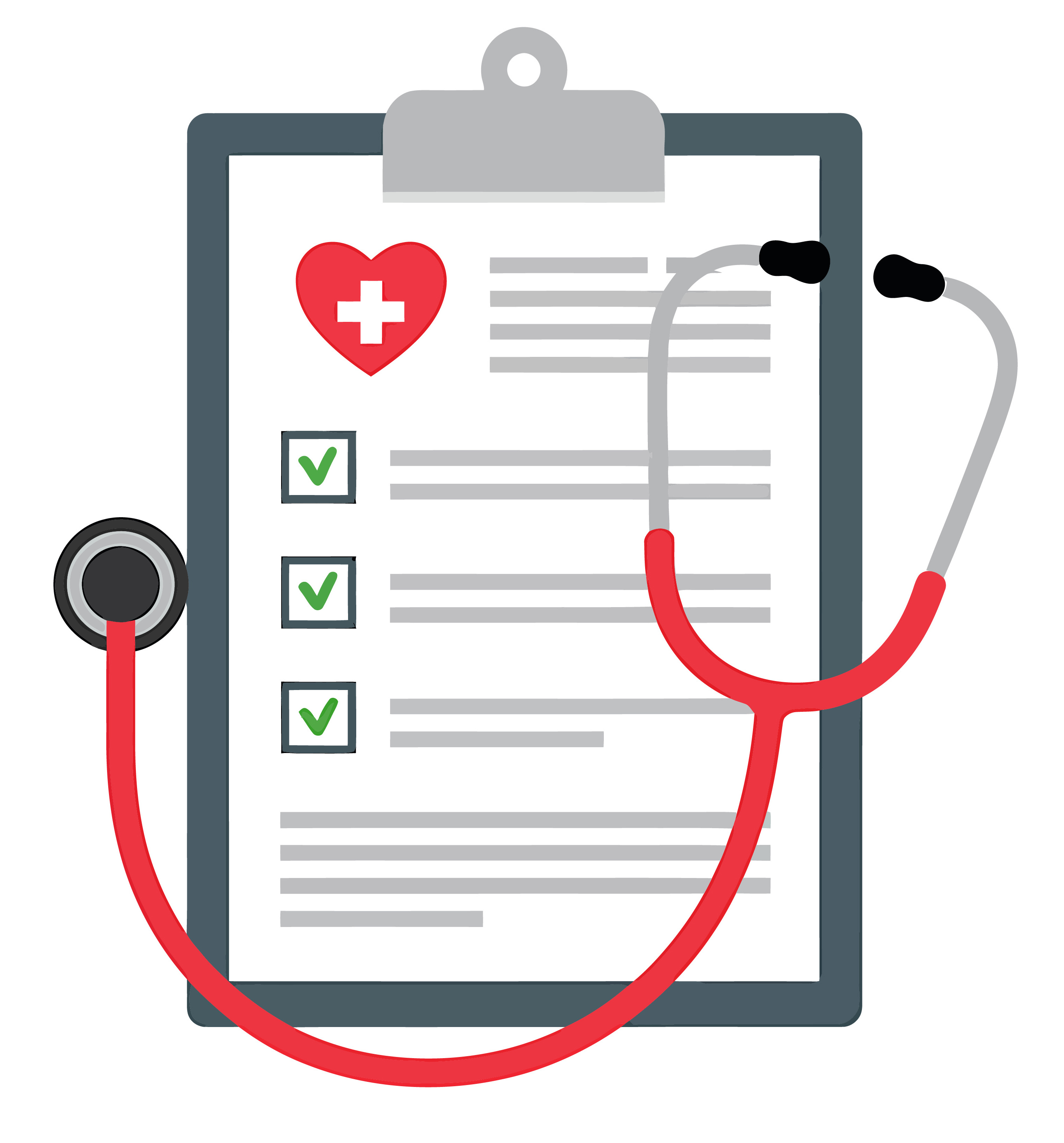 a graphic image of a stethoscope on top of a clipboard with check boxes and a heart on it