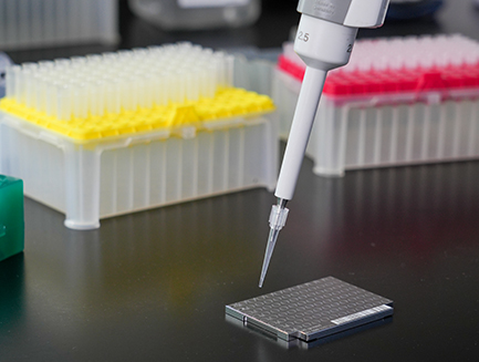 a pipette drops liquid onto small slides with colorful containers in the background