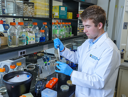 a student researcher drops liquid into a tube while standing at a lab table
