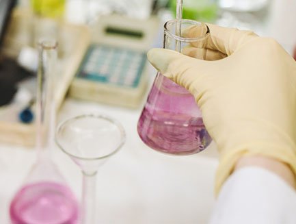 a researcher holds a flask of pink liquid